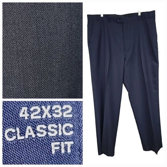 Stafford 42x32 Navy Blue Classic Fit Herringbone Twill Men's Dress Pants Uniform - Picture 1 of 10